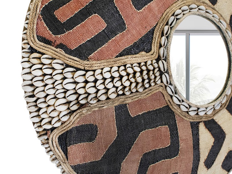 African Shield Mirror Design With Kuba Cloth and Cowrie Cross African Shield Mirror Design With Kuba Cloth and Cowrie Cross